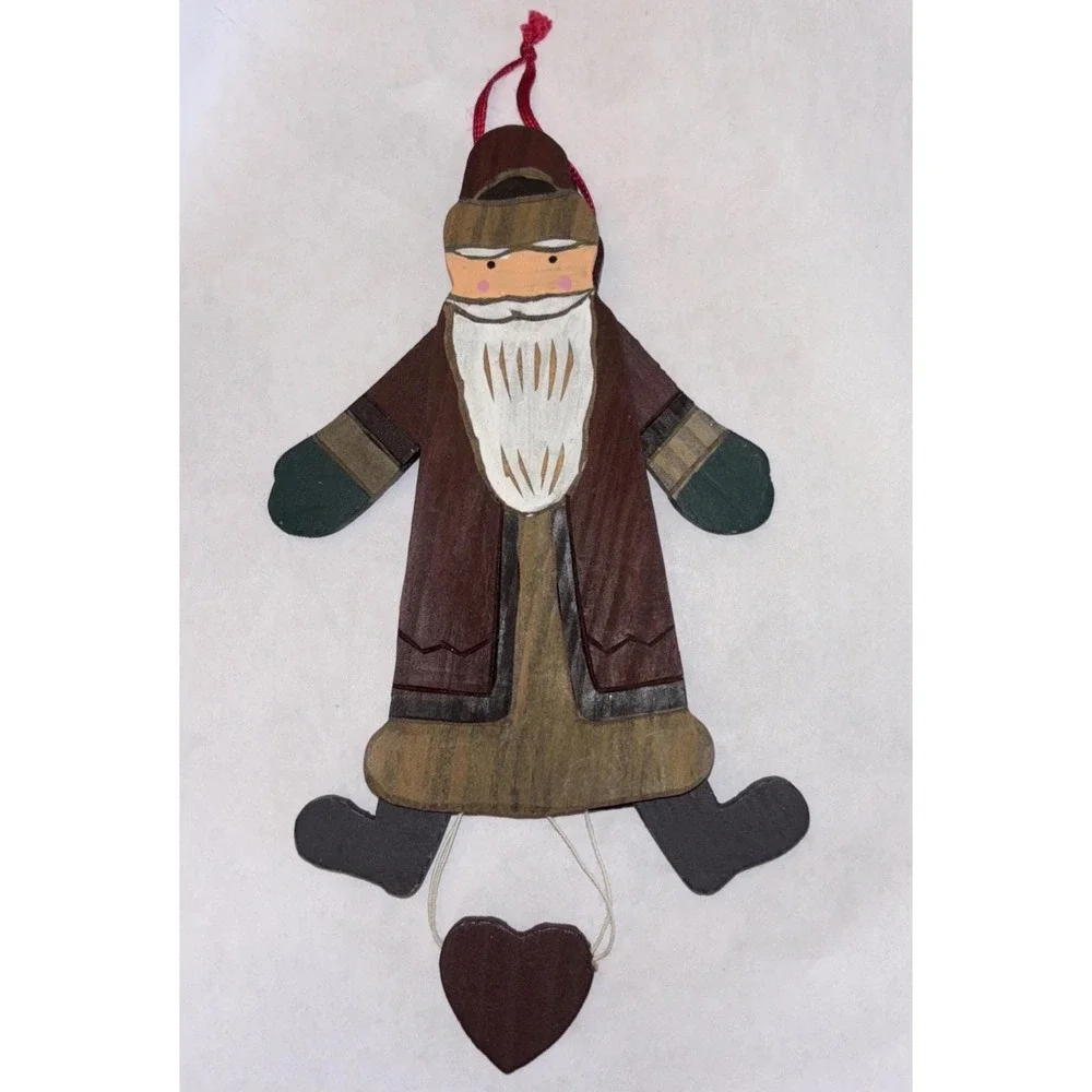 Vintage Wood Folk Art Santa Pull Toy Ornament Puppet Christmas 8